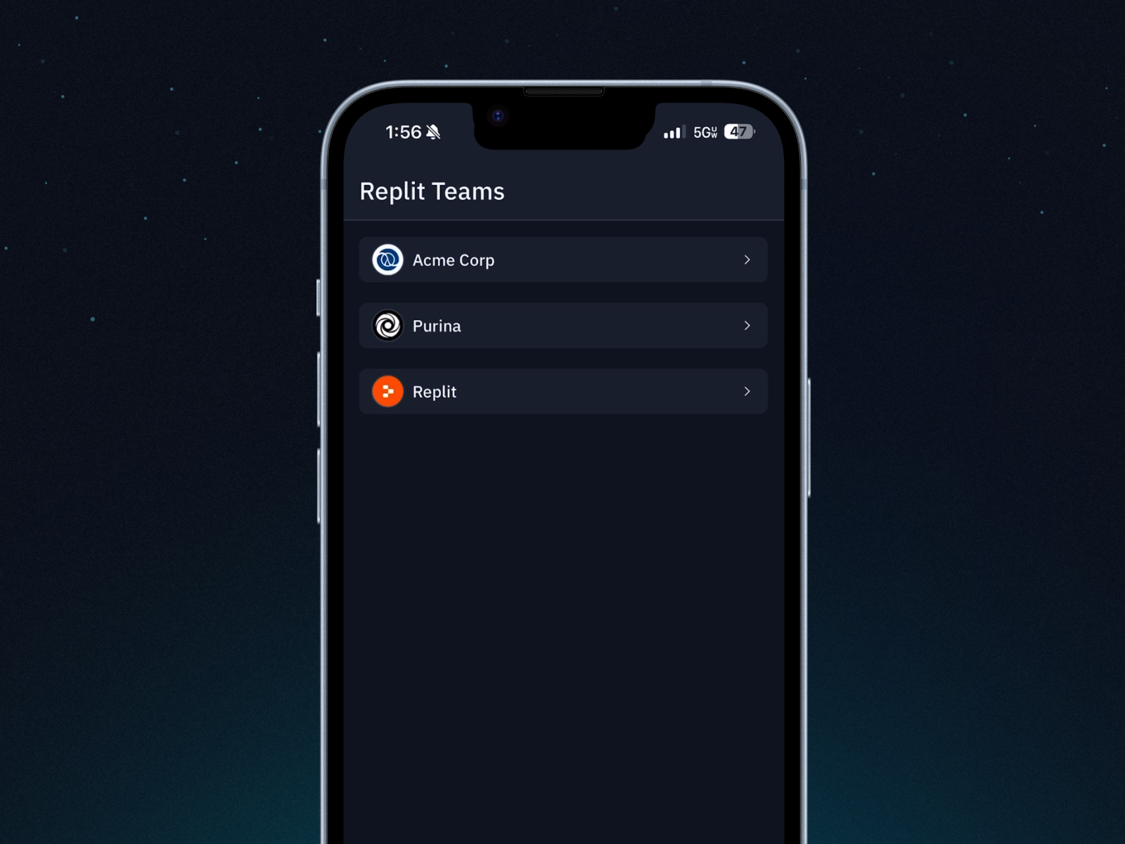 Screenshot of Replit Teams interface on a mobile device