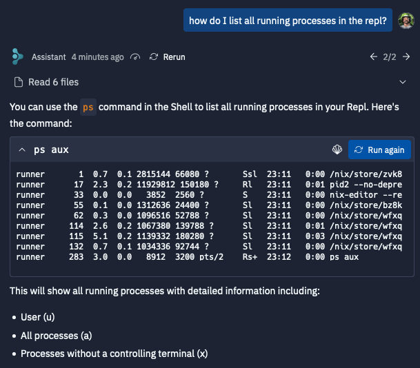 Assistant interface showing inline shell command execution